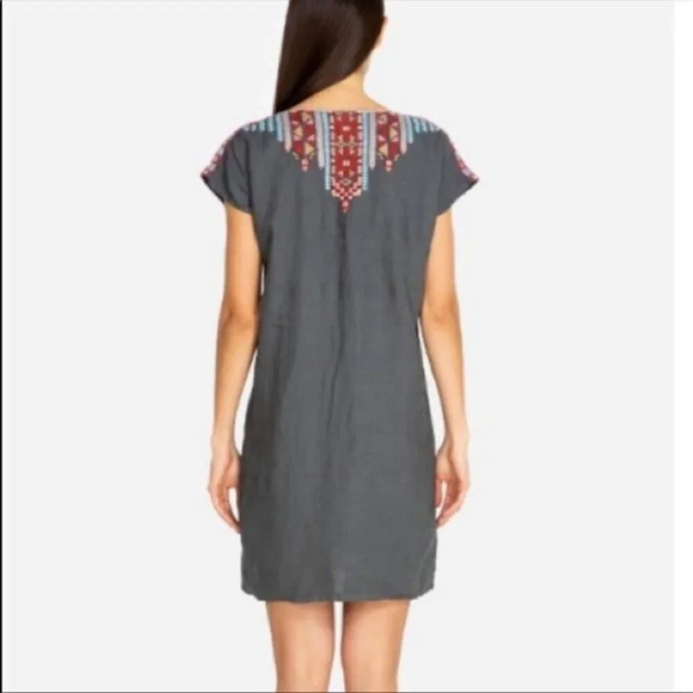 Johnny Was Ezra Shift Dress Gray Linen Embroidered Tribal Motif Mini Tunic S - Picture 3 of 11